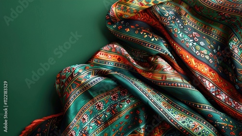 A vibrant silk scarf with intricate patterns draped on a muted emerald green background.