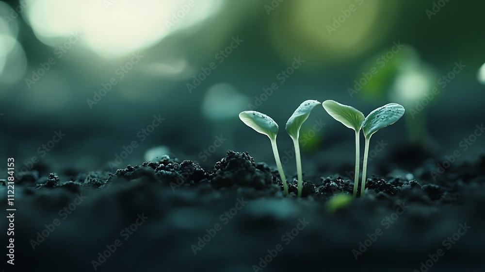 Two young sprouts emerging from dark soil at sunrise. Two young sprouts emerging from dark soil at sunrise.