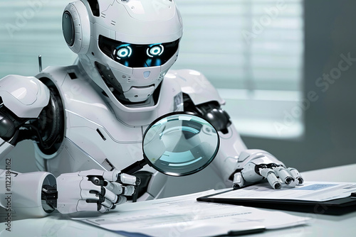 Robot Inspecting Invoice with Magnifying Glass in Photo