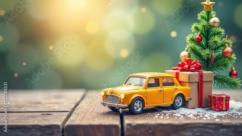 yellow toy car on new year festive winter background