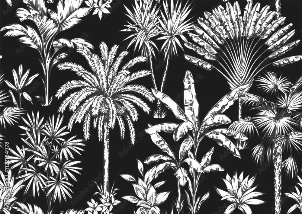 Fototapeta premium Tropical Hawaiian seamless pattern with palm trees. Botanical foliage monochrome background. Linear style. Vector illustration. Black and white hand drawn sketch.