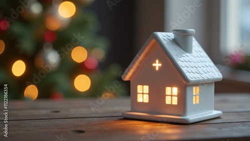 white ceramic house on new year festive background