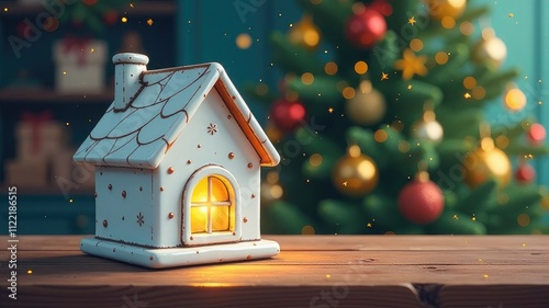 white ceramic house on new year festive background