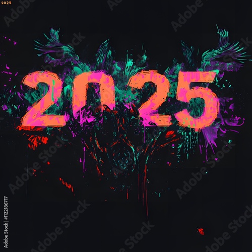 new year  2025 with 3D glow in black background ai generative