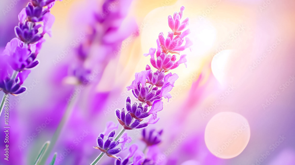 Fototapeta premium Charming twilight casts a serene glow over a blooming lavender field, showcasing soft purple flowers in full bloom