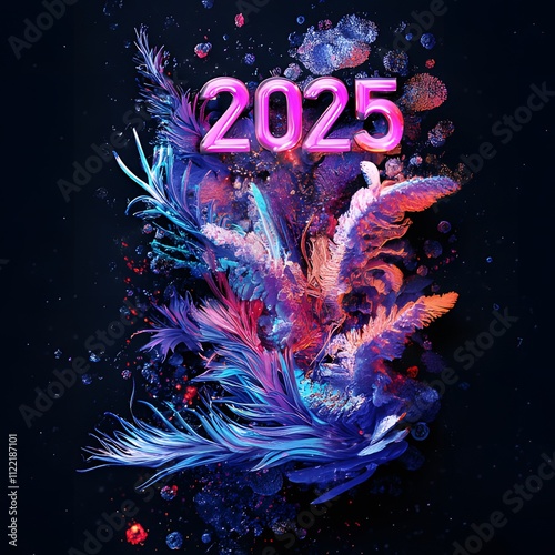 new year  2025 with 3D glow in black background ai generative