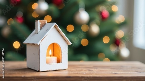 white ceramic house on new year festive background