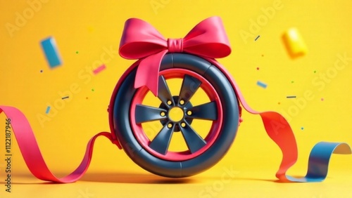 A wheel with a bow on it is surrounded by confetti