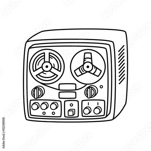 Vintage Reel to Reel Tape Recorder Line Art. Retro electronic equipment from the 80s, 90s.Graphic design isolated on white background.For use in card,banner,sticker.Coloring page.Vector illustration.