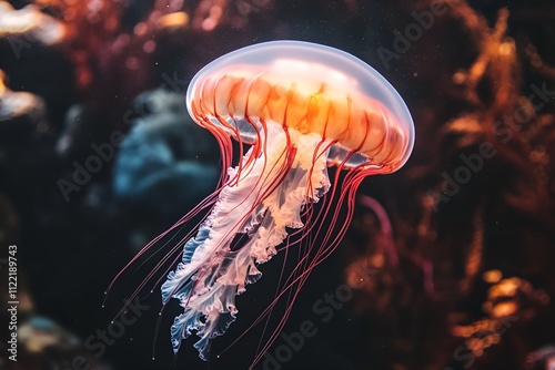 Detailed macro shot of a jellyfish with intricate textures and vivid colors, highlighting its natural beauty and bioluminescence in an aquatic environment