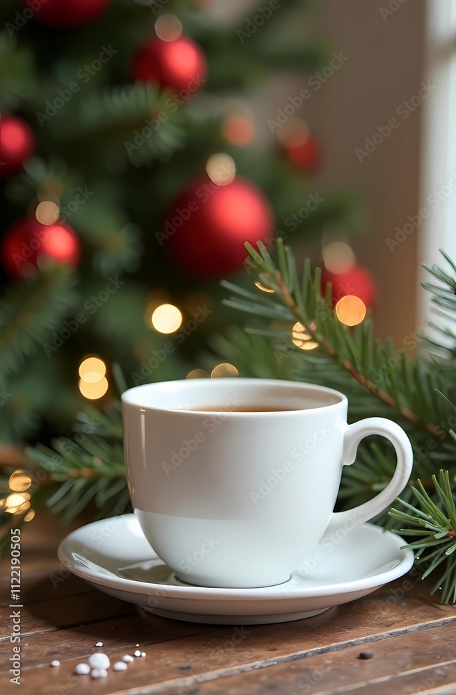 Fototapeta premium Christmas mockup white coffee/tea cup on table and branches Christmas tree wreath and Christmas background. Mug template for your design