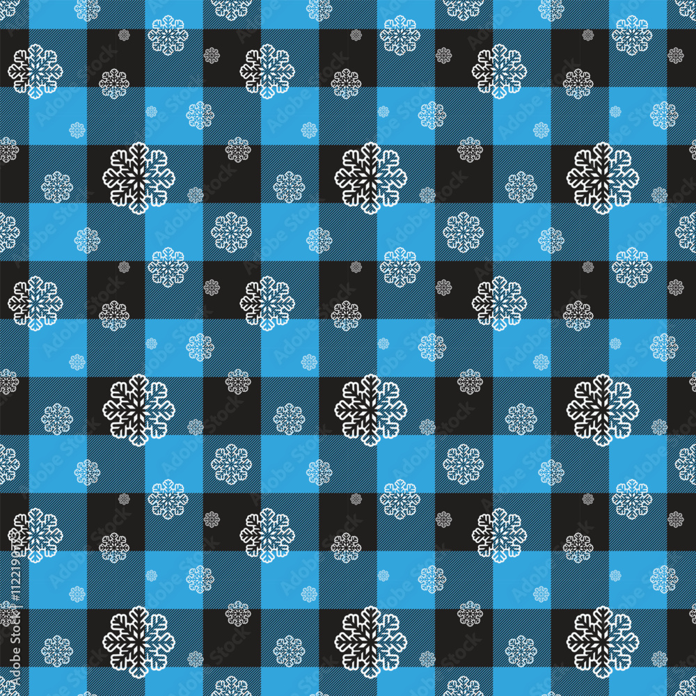 Snowflakes on a Buffalo plaid background. Vector Seamless Winter Pattern. Festive retro texture.