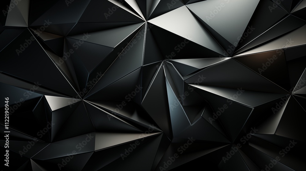 Obraz premium Black white abstract background. Geometric shape. Lines, triangles. 3d effect. Light, glow, shadow. Gradient. Dark grey, silver. Modern,
