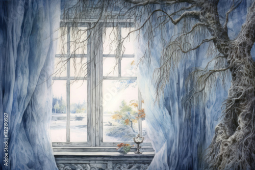 window and tree branches growing into the house,.  photo