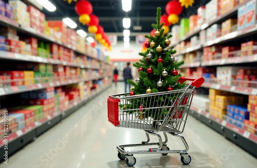 Shopping cart with christmas tree on blurred supermarket background. Christmas shopping concept