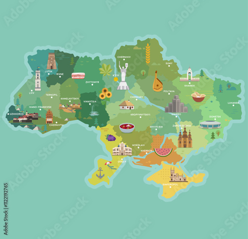 Stylized map of Ukraine. Travel illustration with Ukraine landmarks.