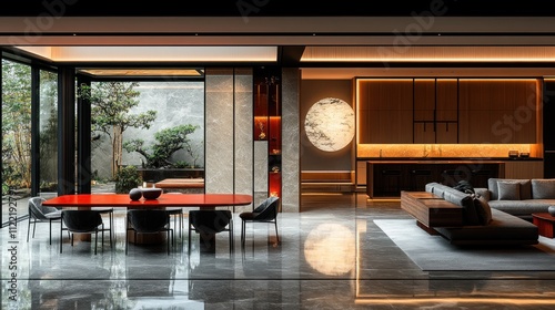 Modern Asian-inspired home interior with red dining table, gray sofa, and zen garden view. photo