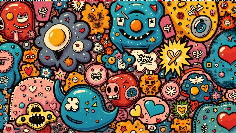Fototapeta premium Colorful, whimsical doodle art with various characters, objects, and shapes; vibrant and playful design. Generative, AI,