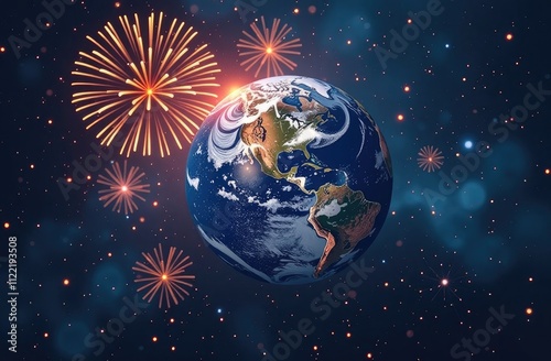 Fireworks, holiday, salute, earth, planet, space, world. Festive New Year background