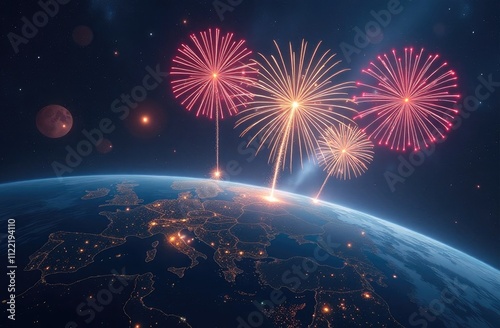 Fireworks, holiday, salute, earth, planet, space, world. Festive New Year background.