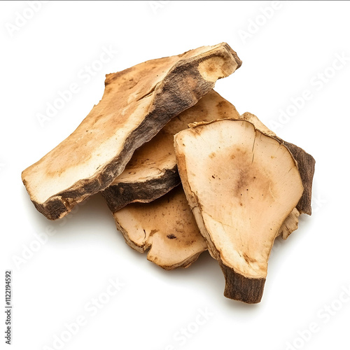 Chinese herbal medicine approximately three to four slices of Poria Fu Ling centered on a pure white background Realistic photographic style as close to real as possi photo