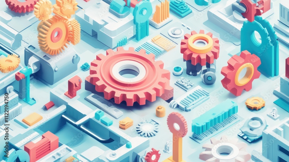 Fototapeta premium An isometric illustration of gears and cogs representing engineering education.
