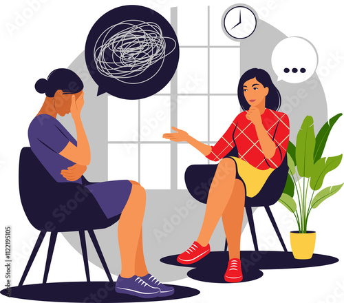 Therapy and counselling under stress and depression. Woman psychotherapist supports girl with problems on transparent background