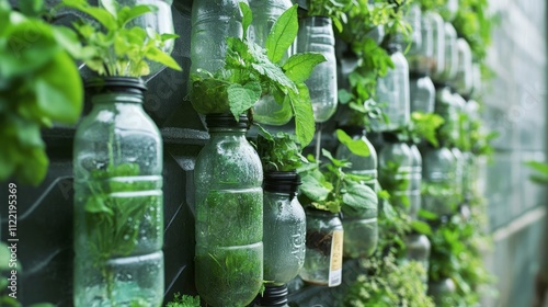 A vertical garden made of green plants growing from upcycled plastic bottles.

 photo