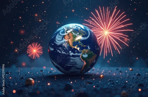 Fireworks, holiday, salute, earth, planet, space, world. Festive New Year background.
