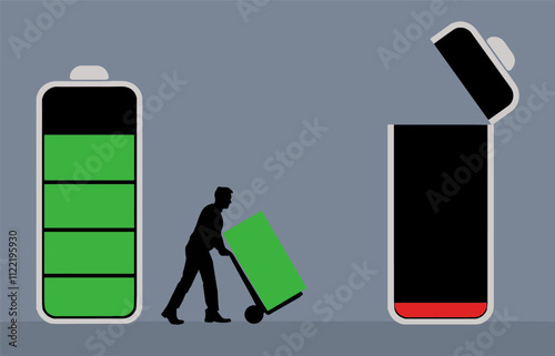 A man is moving the charge from a battery to a battery that needs re-charged in  an illustration about battery powered devices of all kinds.