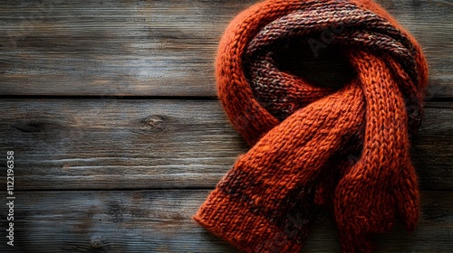 Knitted wool scarf in deep oranges and browns on a rustic wooden surface photo