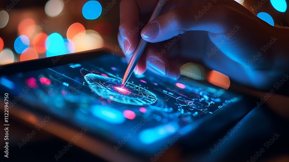 Naklejka premium Digital Innovation: A Hand Interacting with Futuristic Technology
