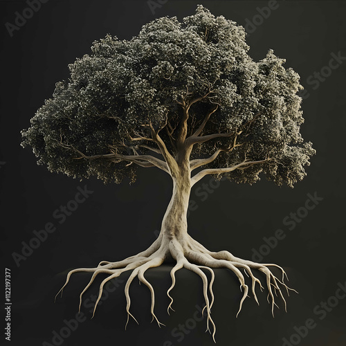 A tree with deep roots and interconnected branches minimalism ultrarealistic hd professional photo photo