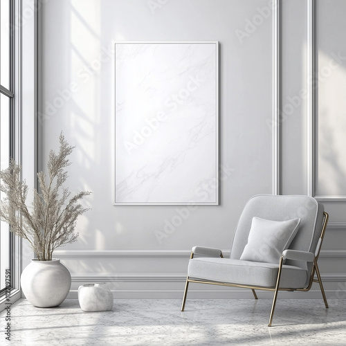 Modern Poster Mockup Scene | Realistic Frame Display in Minimalist Interior, Contemporary Wall Art Showcase	 photo