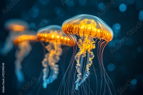 A group of glowing orange jellyfish in a dark underwater environment with soft bioluminescent lighting photo