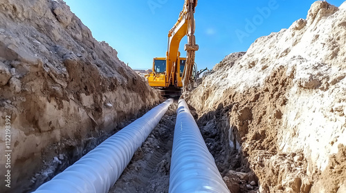 Concrete stormwater pipes at construction sites, used for water management and infrastructure projects. photo