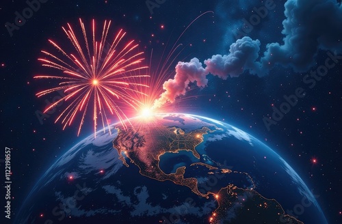 Fireworks, holiday, salute, earth, planet, space, world. Festive New Year background.