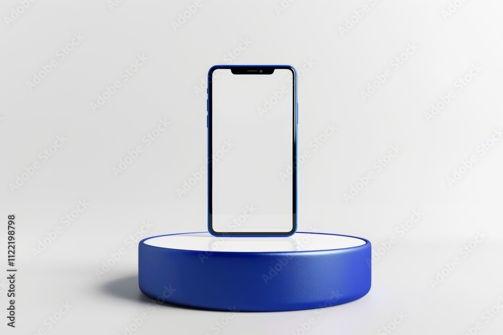 photo of a phone with a blank white screen displayed on a blue podium, isolated against a white photo of a phone with a blank white screen displayed on a blue podium, isolated against a white