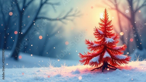 red Festive New Year tree with a star. New Year's winter forest