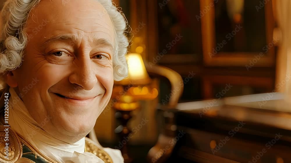 A skilled composer and pianist dressed in elegant period attire, complete with a white wig, showcases talent next to a beautifully crafted harpsichord in an ornate interior.
