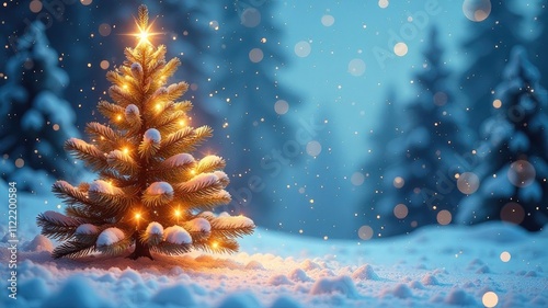 Festive New Year tree with a star. New Year's winter forest