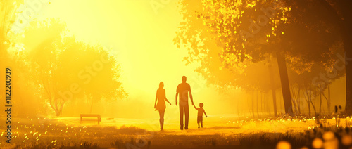 Parents guiding their babya??s steps in a golden evening park photo