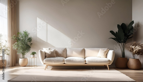 Modern Minimal clean clear contemporary living room home interior design daylight background,beige white sofa couch in living room daylight from window