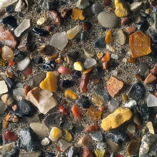 Close-up of fine sand grains, magnified to show their natural variation in colors and shapes. photo