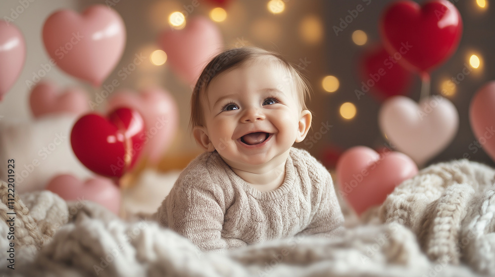 Fototapeta premium Charming Baby Playing Amid Valentine's Day Decor with Heart Pillows and Ribbons