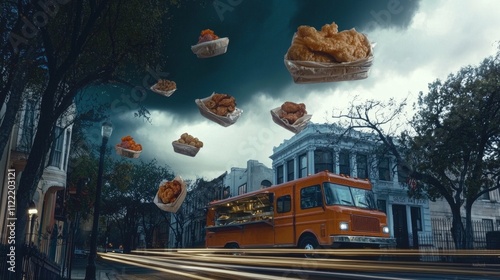 Moody Urban Scene with Floating Food Truck Elements