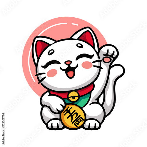 Maneki Neko Doll Illustration Vector.  Japanese Doll Maneki Neko Cat Statue Icon Vector.  Japanese Maneki Neko Cat Figure Vector.  Japanese Lucky Cat Doll Cartoon Icon.  Lucky Cat Toy from Japan. 