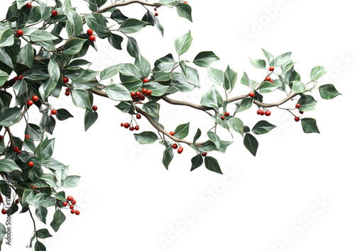 A 3D fir tree branch with snow and ornaments, featuring high details and an HDR result, with sharp clarity and no blur, on a white background, perfect for holiday and Christmas designs.