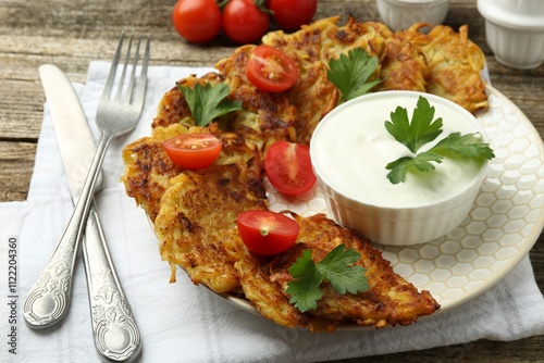 Delicious potato pancakes served on wooden table, closeup photo