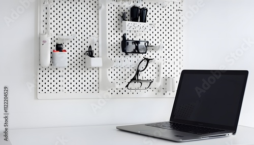 Laptop on White Desk with Wall Pegboard for Accessories